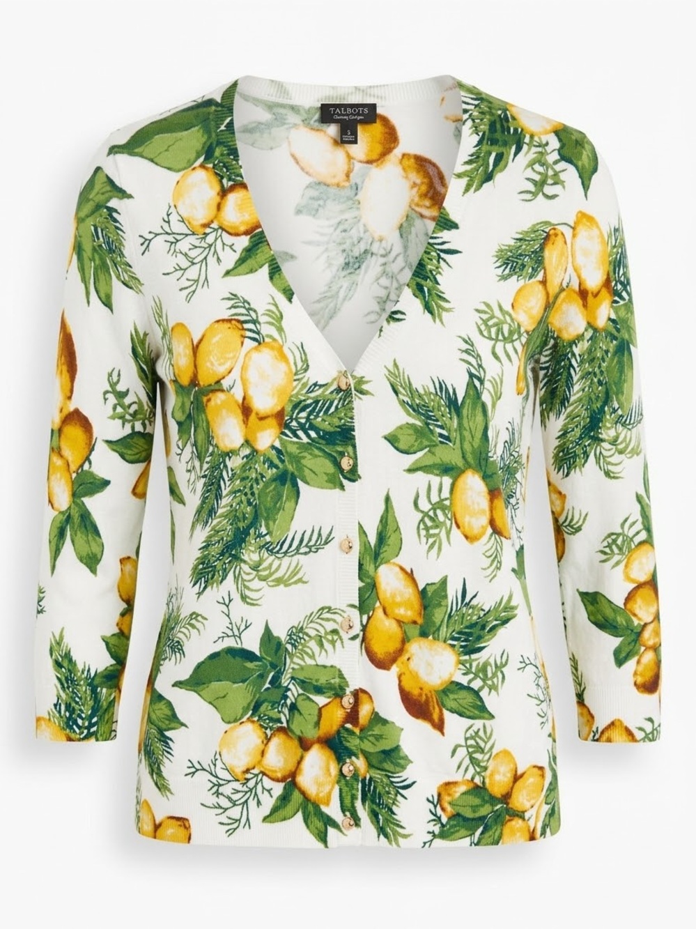 Talbots Lemon Citrus Print Cardigan Sweater Small Petite Button Front Cotton